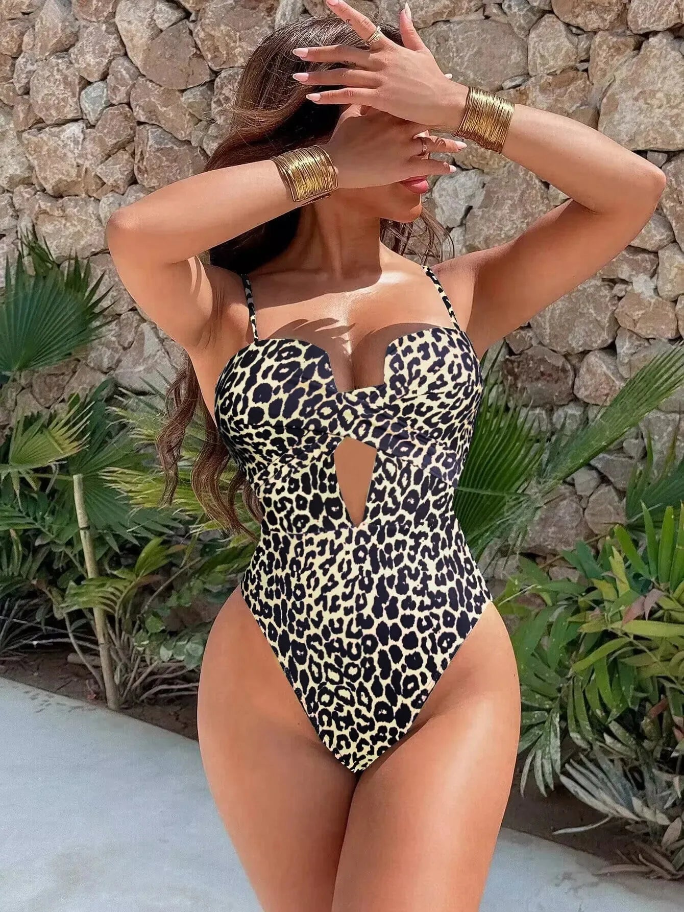 Women's Leopard Print One Piece Swimsui High Waist Hollow Out Monokini Bikini V-neck Suspender - Shop & Buy