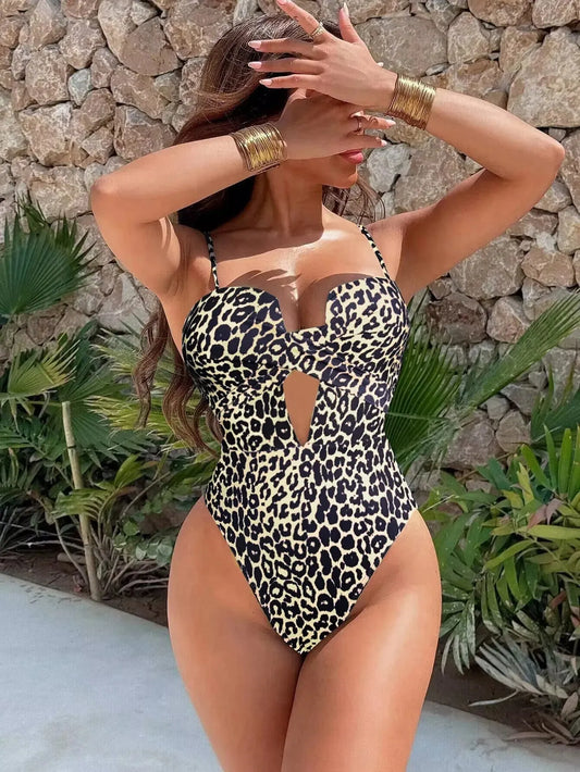 Women's Leopard Print One Piece Swimsui High Waist Hollow Out Monokini Bikini V-neck Suspender - Shop & Buy