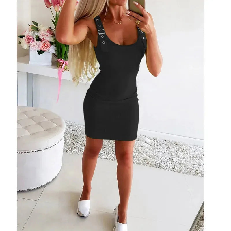 Women's Solid Color Sexy Camisole Slim Fit Sleeveless Vest Mini Dress Black Buttocks Wrapped Party Dresses - Shop & Buy