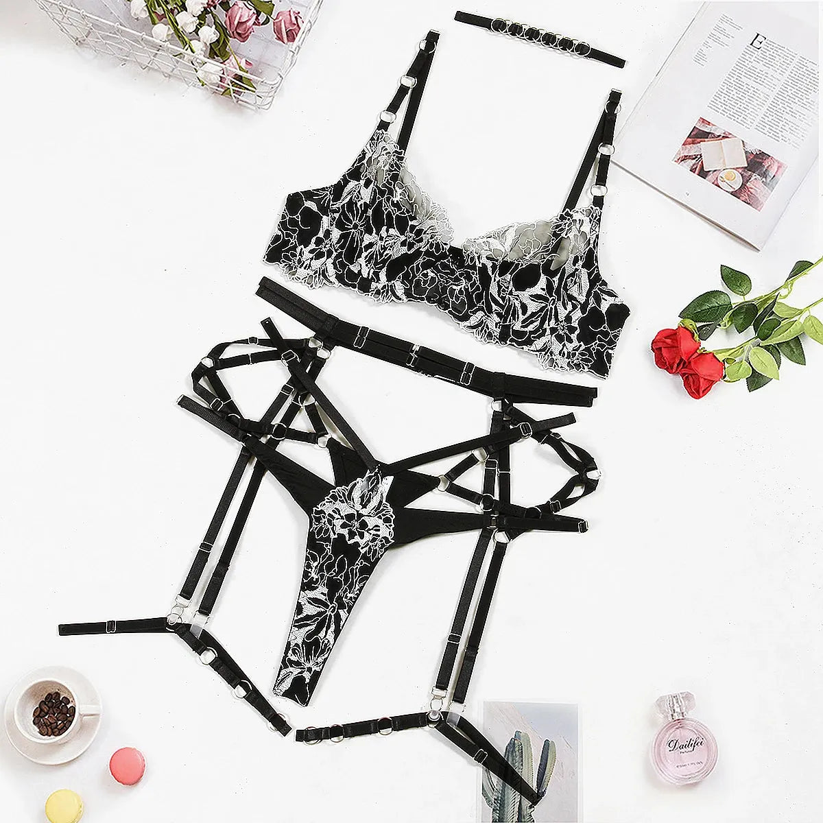 Women's New Fashion Embroidered Lace Patchwork Cross Sexy Lingerie Set - Shop & Buy