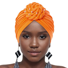 Load image into Gallery viewer, African Women&#39;s Fashion Top Knot Pearl Flower Decor Headwrap Hats Muslim Cross Twist Beanie Bandana Cap Head Wear Accessories
