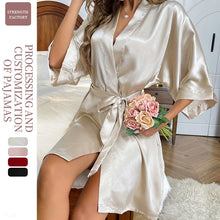 Load image into Gallery viewer, New Summer Women Short Nightrobe Silk Satin Pure Color  Half Sleeve Women Bathrobe Sexy V-Neck Dress Pajamas
