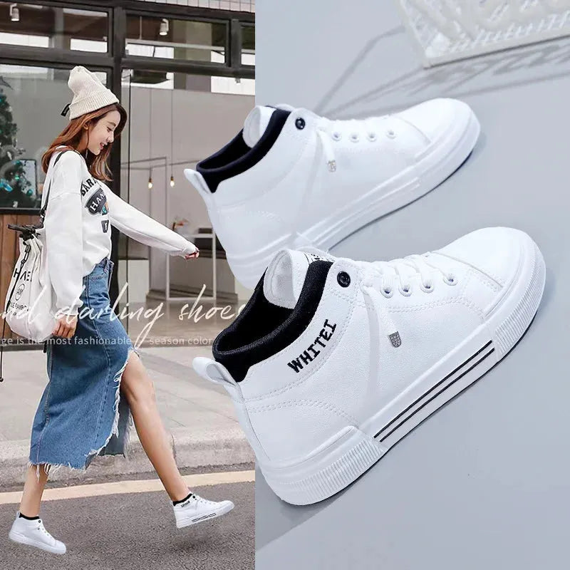 Women's Fashion High-top Breathable Sneakers Trend White Flat Casual Sports Designer Running Shoes - Shop & Buy