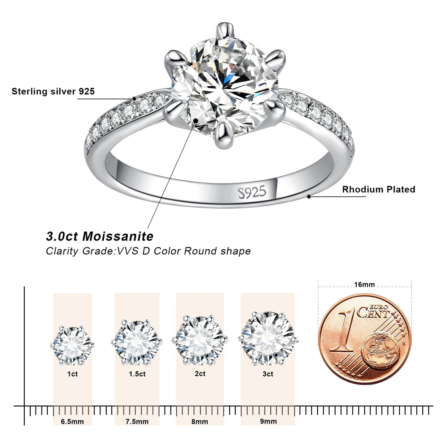 Moissanite D Color 0.5ct 1ct 1.5ct 2ct 3ct Round S925 Sterling Silver Wedding Engagement Ring for Women