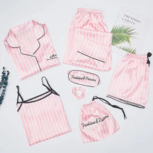 Load image into Gallery viewer, Pink 7 Pieces Women&#39;s Satin Pajamas Sets Striped Pyjama Women Sleepwear
