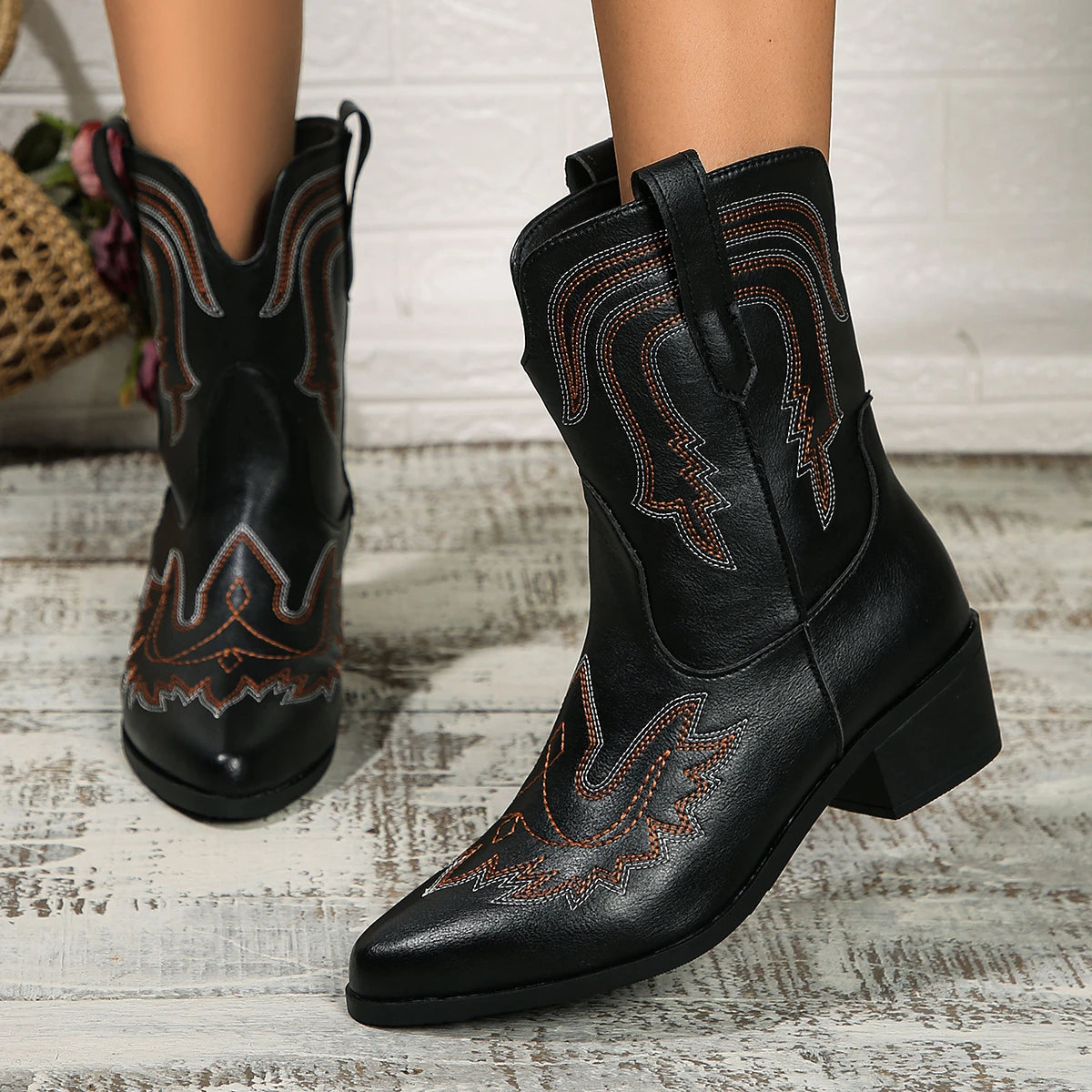 Women's Embroidery Ankle Boots Retro V-Cut Pointed Toe Chunky Heeled Western Boots - Shop & Buy