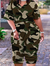 Load image into Gallery viewer, Plus Size Casual Jumpsuit Camo Print Pocket Design Jumpsuit short sleeve Loose Wide Leg Rompers Summer jumpsuit Overalls Outf
