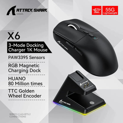 X6 PAW3395 Bluetooth Mouse , Tri-Mode Connection, RGB Touch Magnetic Charging Base, Macro Gaming Mouse - Shop & Buy