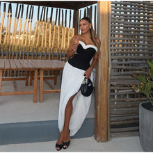 Load image into Gallery viewer, Black White Patchwork Mesh Split Long Dress Women Sexy Strapless Backless Sleeveless Slim Dresses
