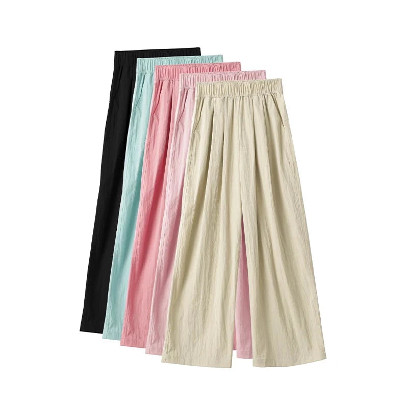 Harajuku Street Fashion Women's Ice Silk Thin Casual Trousers New Elastic High Waist Straight Wide Leg Pants