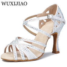 Load image into Gallery viewer, Latin dance shoes ladies new silk satin shiny rhinestone Cuban high heels 9 cm salsa dance shoes
