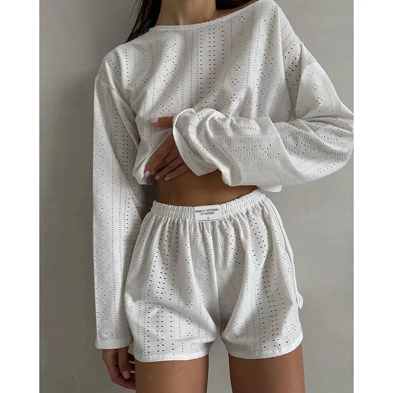 Women's Pajamas Set Spring Long Sleeve Tops With Shorts Sleepwear 2 Piece Set Loose Round Neck Home Wear - Shop & Buy