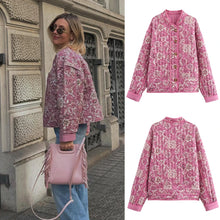 Load image into Gallery viewer, New Fashion Trendy Round Neck Long Sleeve Flower Print Quilted Cotton Jacket Women
