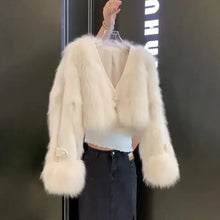 Load image into Gallery viewer, V-neck fur coat women autumn and winter short environmentally fur jacket
