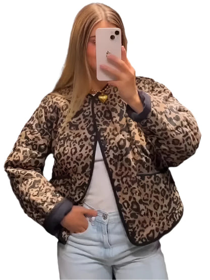 Leopard Quilted Jacket Women Women's Parka Cropped Long Sleeve Outerwears Short Padded Jacket