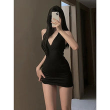 Load image into Gallery viewer, Women Sexy Halter Backless Slim V-neck Wrap Black Party Night Mini Dress
