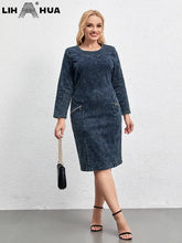 Load image into Gallery viewer, Women&#39;s Plus Size Denim Dress Round Neck Autumn Chic Elegant Dresses For Chubby Women Woven Cotton Dress
