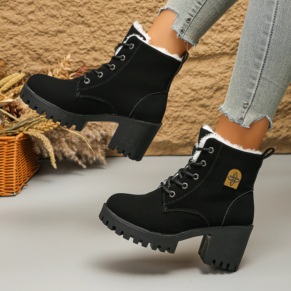 Women's Thicken Warm Plush Winter Boots Fashion Black Chunky Heeled Ankle Boots - Shop & Buy