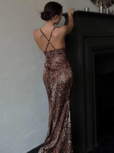 Load image into Gallery viewer, Vintage Leopard Print Lace Patchwork Maxi Dress Women Sexy Deep V Neck Backless Bodycon Vestidos Elegant Lady Street Party Robes
