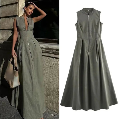 Pleated Spliced Dress Women Fashion Sleeveless Zipper Maxi Dresses Summer O-Neck Slim High Waist Vestidos Office Lady Robes