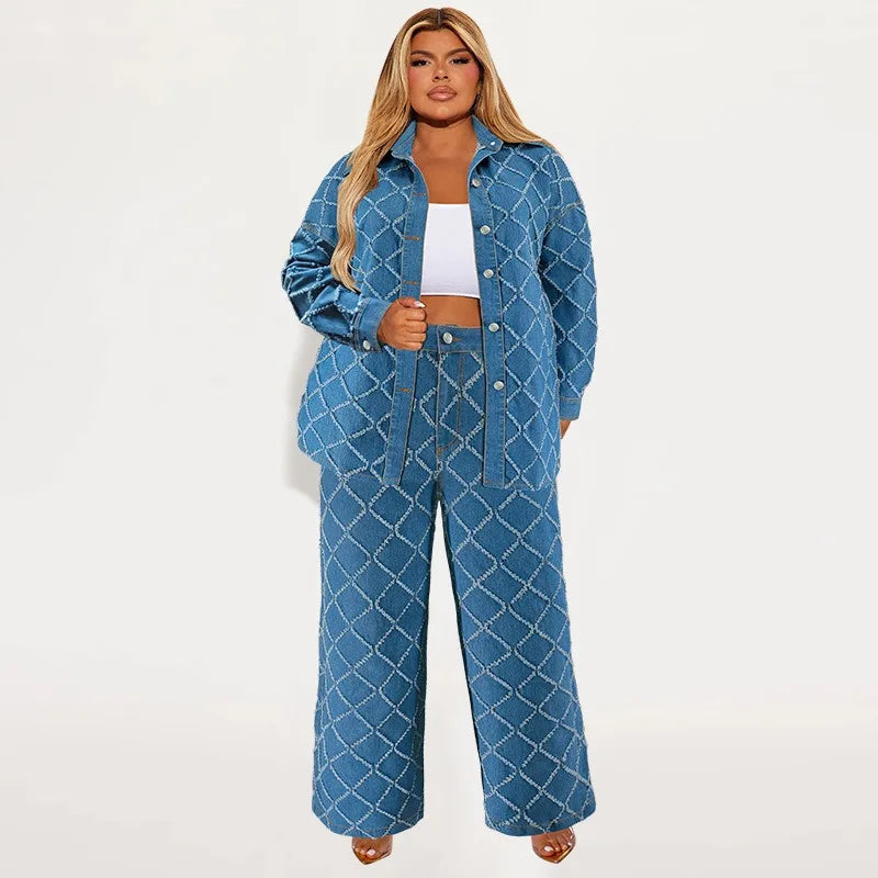 Plus Size Denim Two Piece Sets Women Fall Clothing Print Long Sleeve Tops Pants New Matching Suits