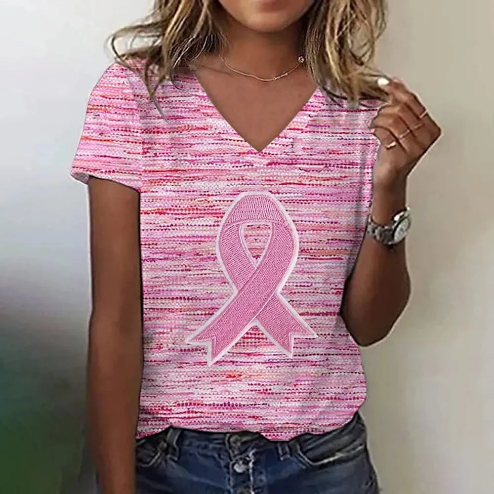 Women's T-Shirt Pink Ribbon Print V-Neck T-Shirt 3d Print Casual Clothing Short Sleeve - Shop & Buy