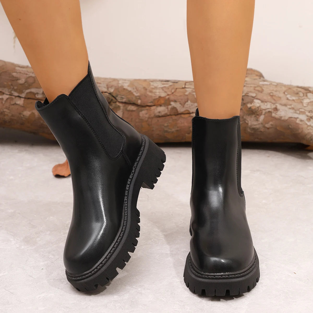 Women's Platform Black Chelsea Boots Fashion Round Toe Elastic Slip On Short Boots - Shop & Buy