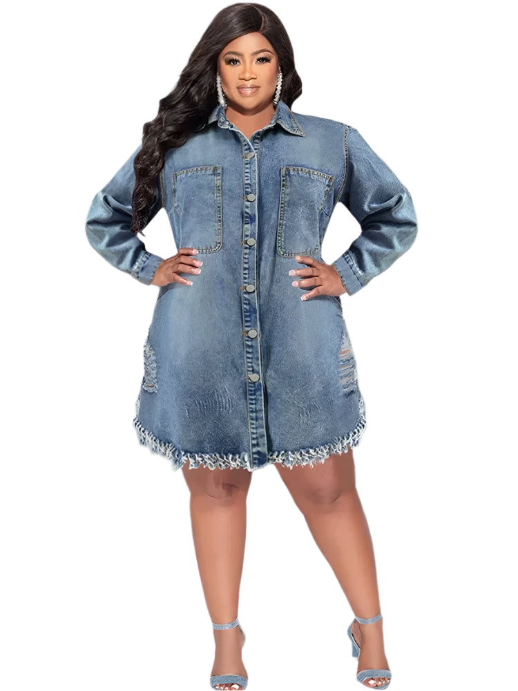 Plus Size Denim Dresses Women Long Sleeve Casual Button Pockets Midi Dress New in Fall Clothes