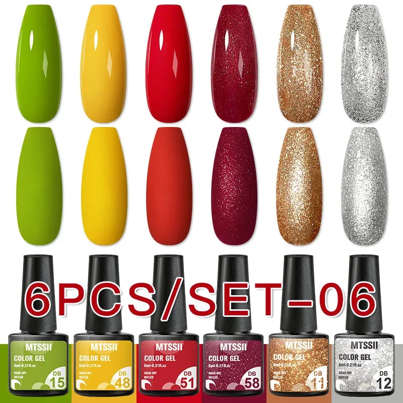 6PCS/Set Red Gel Nail Polish Set Glitter Sequins Semi Permanent Base Matte Top Coat Soak Off LED UV Nail Art Gel Varnish - Shop & Buy