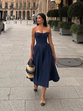 Load image into Gallery viewer, Elegant Spaghetti Strap Midi Dress Slim A Line Party Dresses Navy Blue Casual Birthday Holiday Dress
