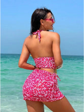 Load image into Gallery viewer, Rose Red Leopard Print Three Piece Swimsuit Women Pleated Pencil Skirt Bikini Set Sexy Halter Backless Beach Vacation Swimwear
