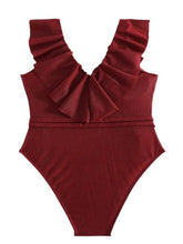 Load image into Gallery viewer, Solid Color Conservative One Piece Swimsuit for Women Wine Red Big Ruffle V-neck Backless Bikini
