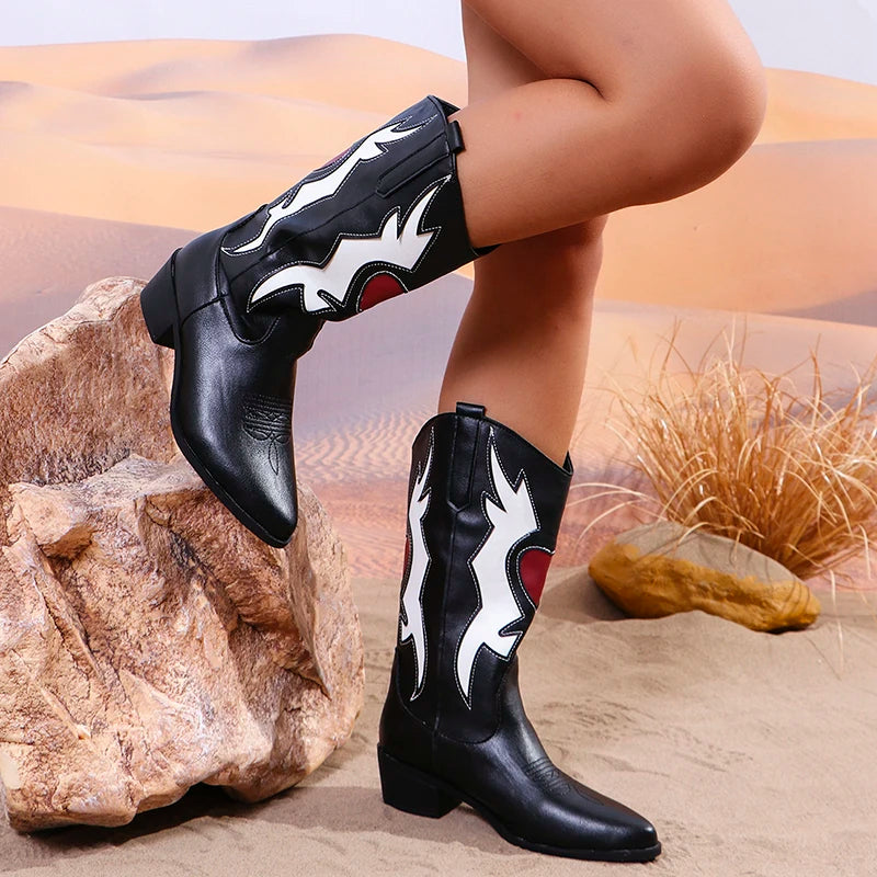 Women's Fashion Chunky Heeled Cowgial Boots Plus Size Slip On Mid Calf Boots - Shop & Buy