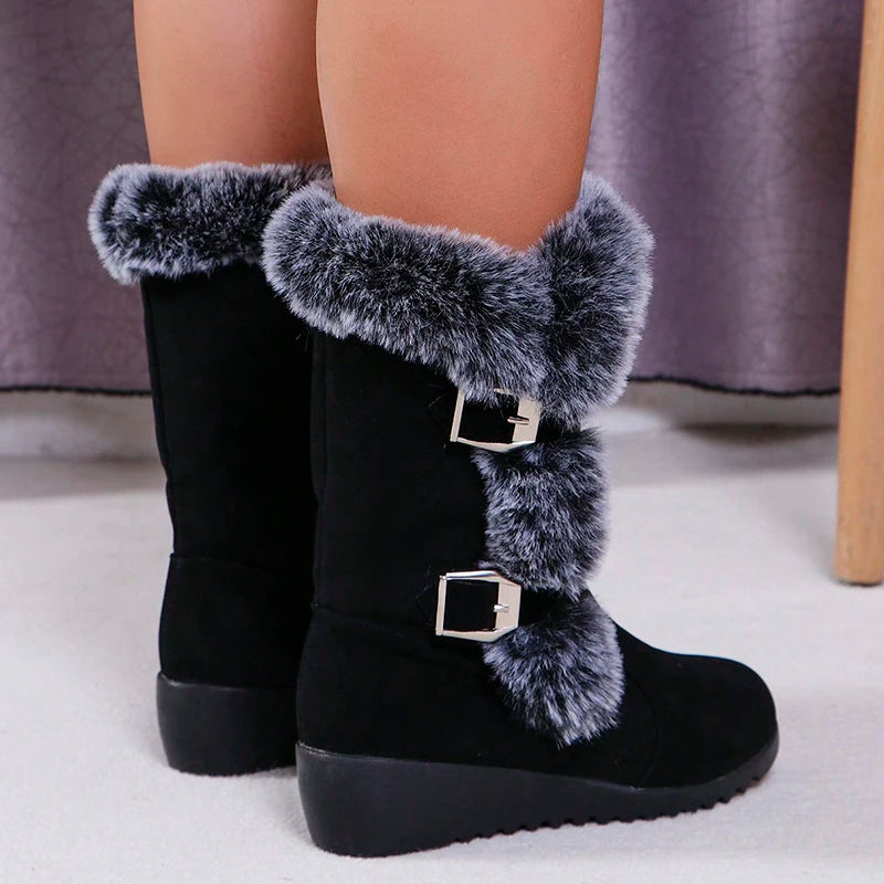 Women's Wedge Heeled Snow Boots Fashion Buckle Design Faux Fur Mid Calf Boots - Shop & Buy