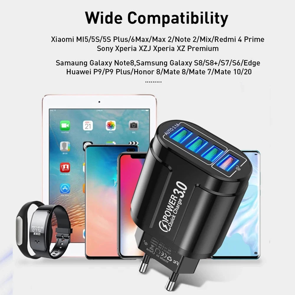 48W QC3.0 Quick Charger 4USB EU Standard Travel Portable 4 Port Fast Charging Suitable For Android iPhone Xiaomi Other Devices