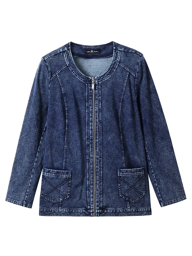 Women's Plus Size Denim Jacket Fall Casual Fashion Zipper Jacket High Stretch Cotton Knitted Denim - Shop & Buy