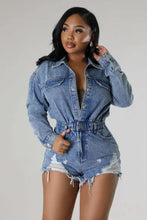 Load image into Gallery viewer, High Elastic Broken Hole Tassel Denim Playsuit Romper Sexy Button V Neck Long Sleeve Hand Frayed Shorts Jumpsuit One Pieces Y2K