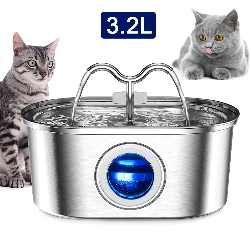 108oz/3.2L Cat Water Fountain, Stainless Steel Pets Cat Water Dispenser with LED Light Silent Pump Automatic Fountain for Cat Dog