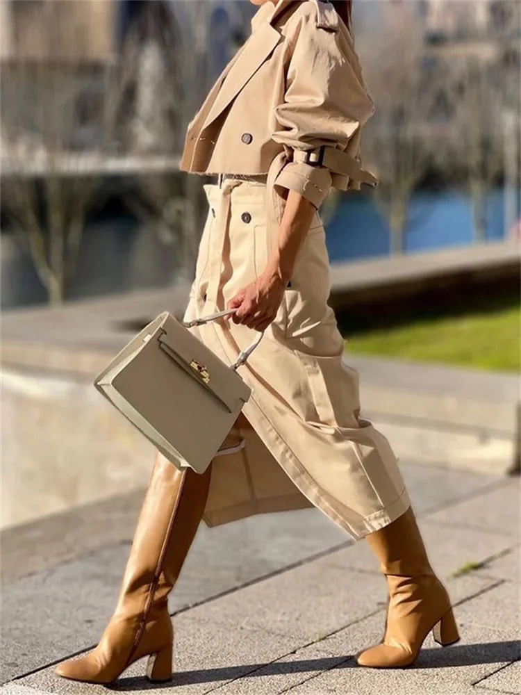 2 Piece Sets Women New Versatile Casual Long Sleeved Workwear Temperament Button Belt Set Skirt