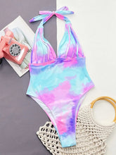 Load image into Gallery viewer, Sexy Purple Tie Dye One Piece Swimsuit Women Halter V Neck Push Up Backless Micro Swimwear
