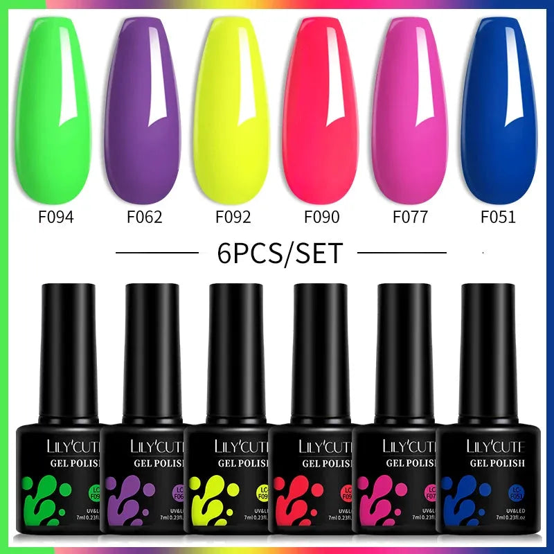 6Pcs/Set Fluorescent Neon Colors Gel Nail Polish Set Vernis Semi Permanent Soak Off UV Nail Art Gel for Home Nails DIY - Shop & Buy