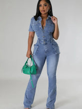 Load image into Gallery viewer, Sexy Women Denim Jumpsuits Short Sleeve Turn Down Collars Buttons Pockets Flared Pants Denim Bodysuit
