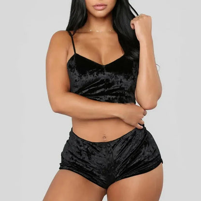 Women's Velvet Polyester Comfortable V-neck Underwear Setcamisole+shorts Pajamas Set - Shop & Buy