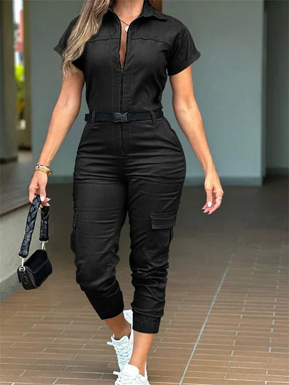 New Zipper Workwear Jumpsuit with Short Sleeved Collar Multiple Pockets Waist Belt