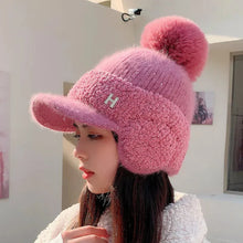 Load image into Gallery viewer, Winter Women Ear Protection Baseball Cap Letters Thickened Fur Ball Caps Fashion Knitting Warm Ladies Duck Tongue Hat
