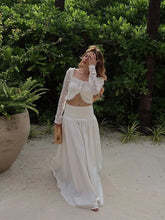 Load image into Gallery viewer, White Square Neck Lace Long Sleeved Crop Top Set Fashion Women High Waist Swing Maxi Skirt Suit
