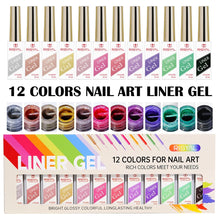 Load image into Gallery viewer, 12 Colors/Set Gel Pull Liner Nail Polish Kit UV/LED Gel For DIY Hook Line Manicure Painting Gel Nail Art Supplies Brushed Design
