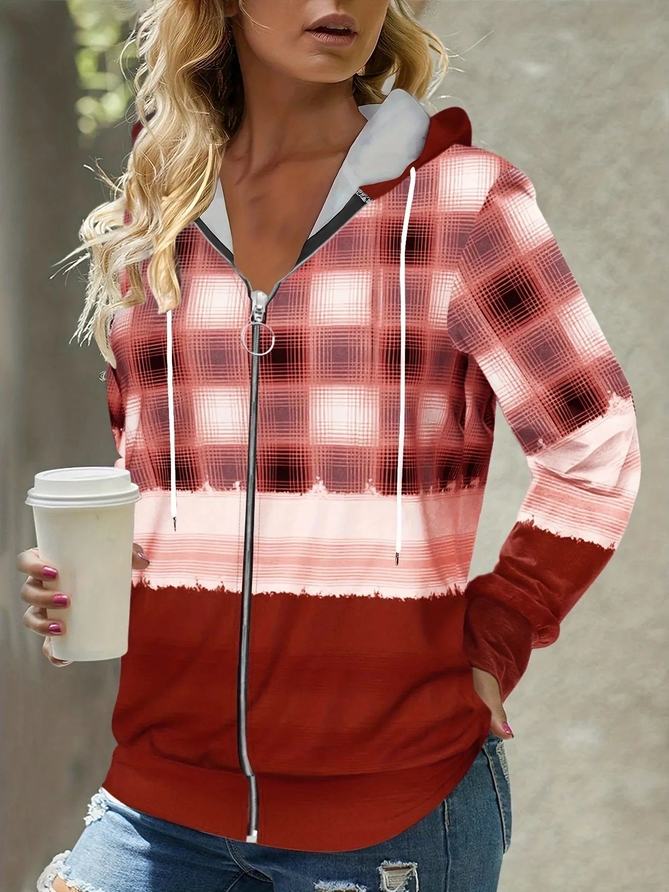 Women's fashionable zippered hooded plaid printed hoodie - Shop & Buy