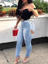 Load image into Gallery viewer, Plus Size Jeans High Stretchy Bandage Hollow-out Design Baby blue Jeans casual Cut Out Tight Pencil Jeans
