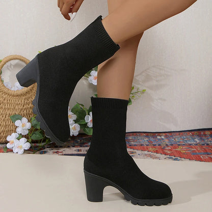 Women's Mid-Calf Knit Sock Boots Autumn Thick Heeled Slip On Slim Boots - Shop & Buy